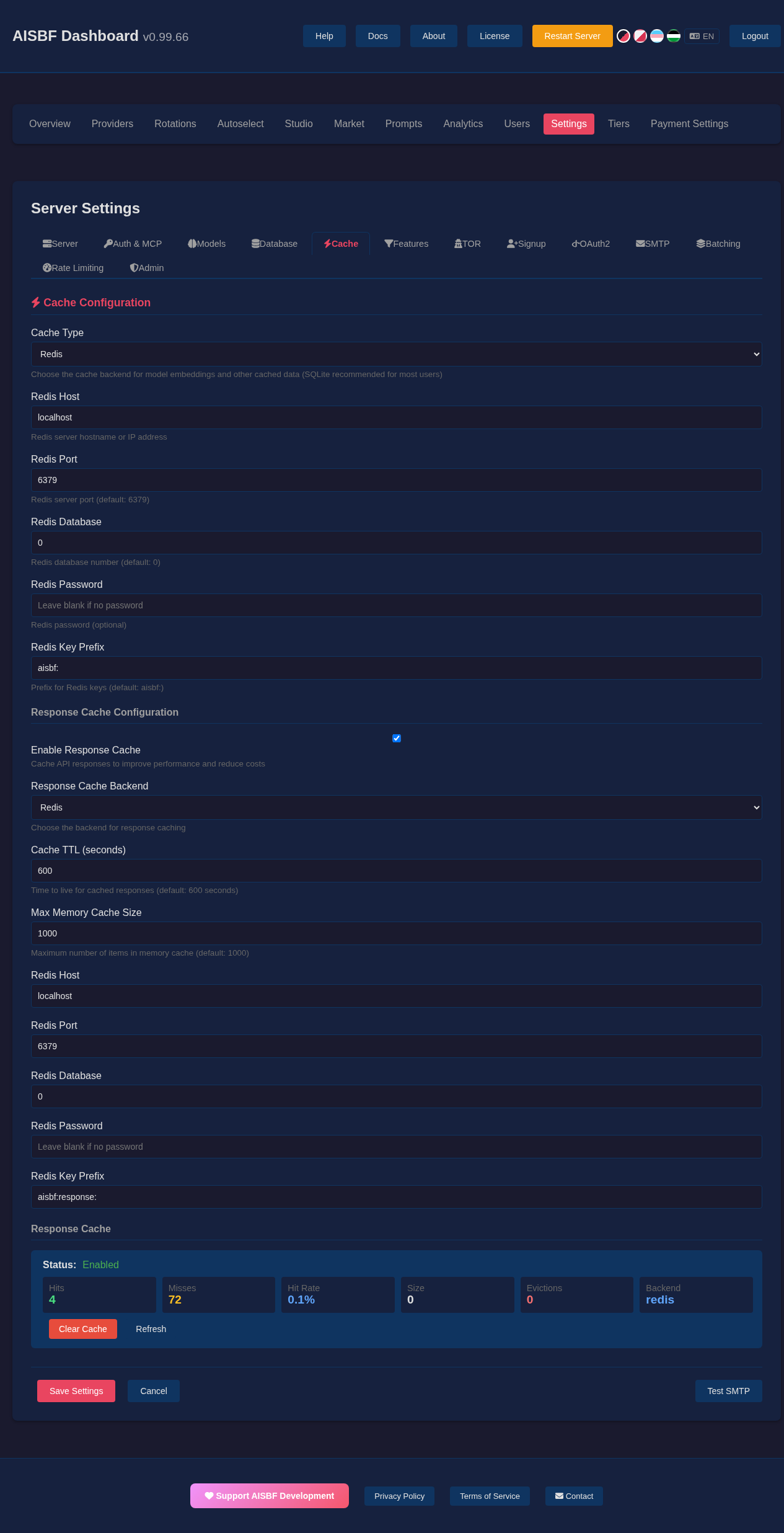 AISBF dashboard cache settings for Redis and response cache.
