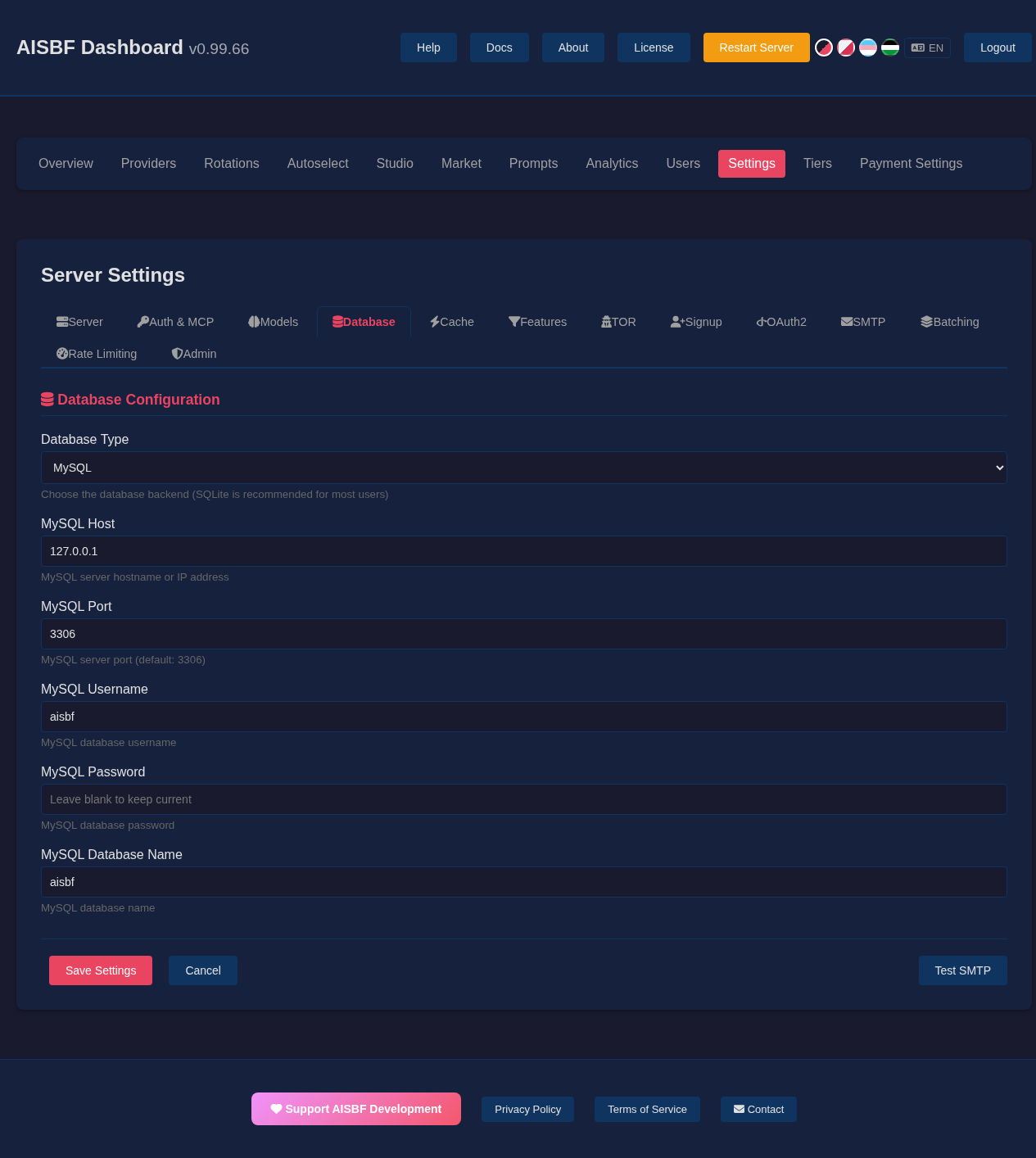 AISBF dashboard database settings for MySQL production config.