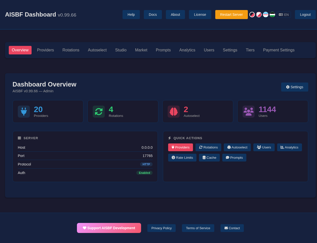 AISBF dashboard overview used for operational checks.