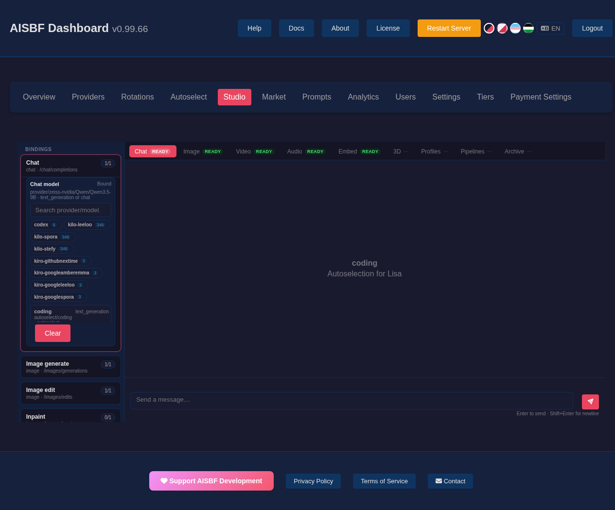 Studio page showing bindings between task surfaces and provider/model routes.